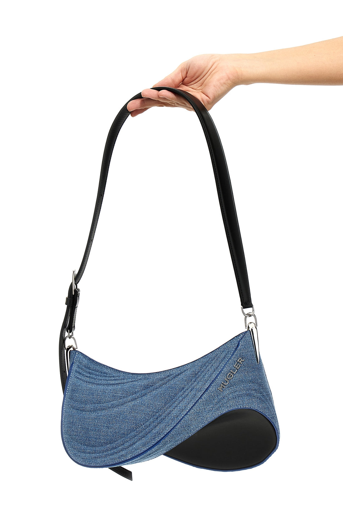 MUGLER OS medium denim spiral curve 01 shoulder bag in denim and leather