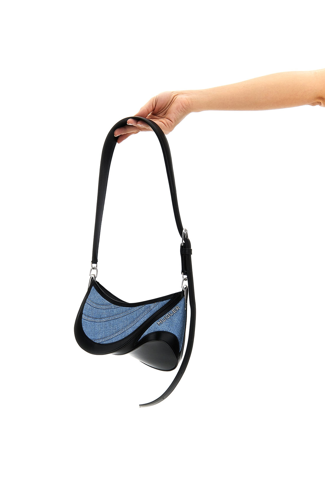 MUGLER OS small denim spiral curve 01 shoulder bag in cotton and leather denim