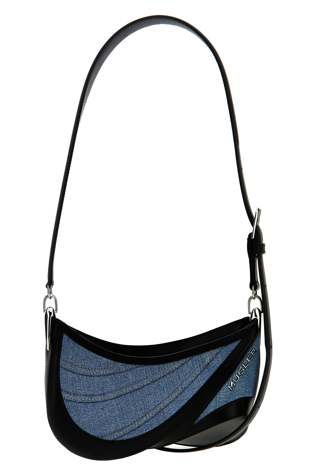 MUGLER OS small denim spiral curve 01 shoulder bag in cotton and leather denim