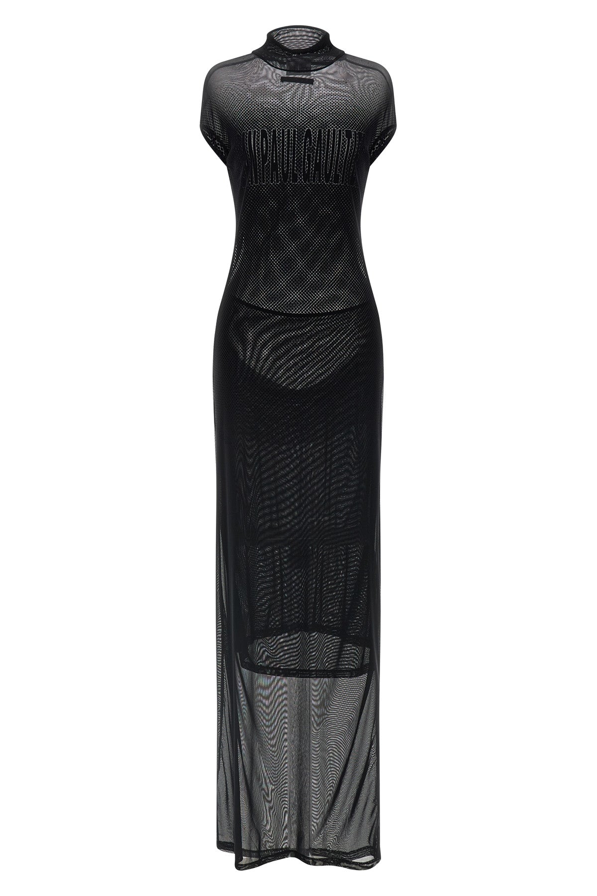 long sleeveless dress in semi-transparent stretch mesh