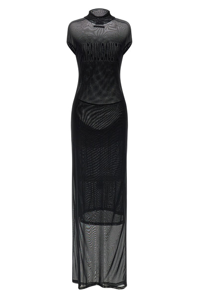 long sleeveless dress in semi-transparent stretch mesh