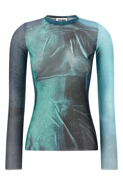 all-over water print stretch tulle top