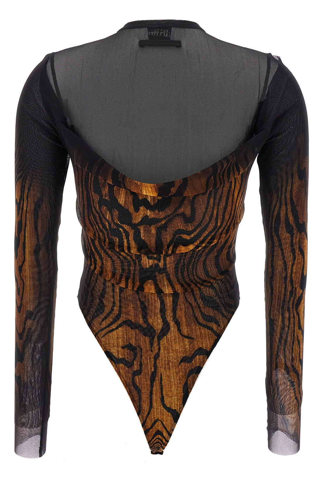 JEAN PAUL GAULTIER XS all-over the wood print stretch tulle bodysuit