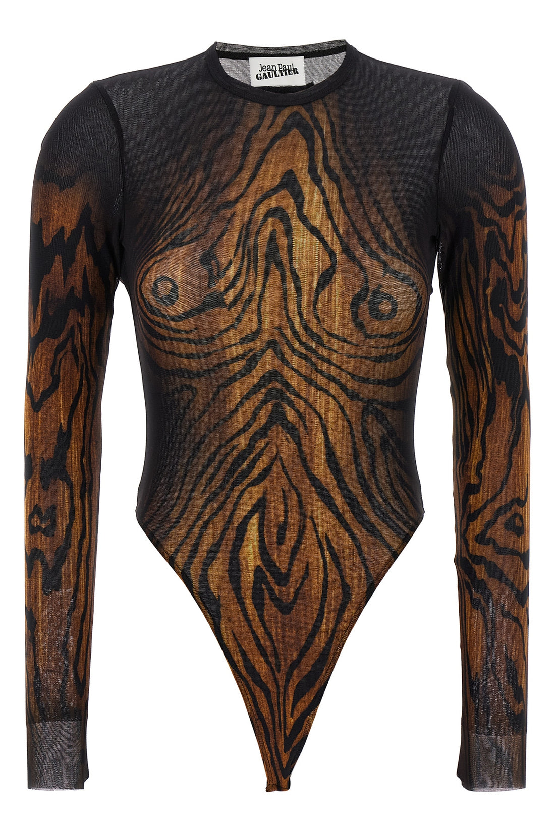 JEAN PAUL GAULTIER XS all-over the wood print stretch tulle bodysuit
