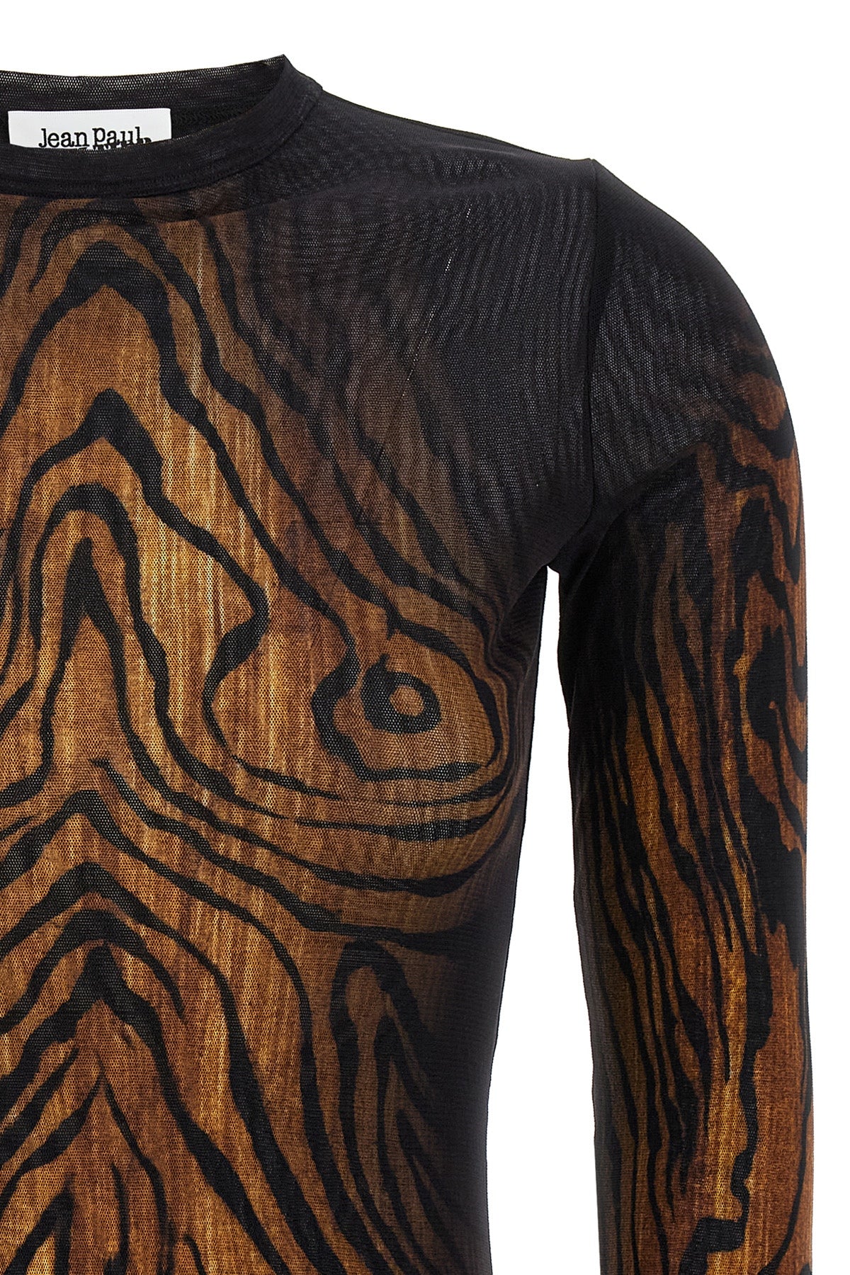 all-over wood print stretch tulle top