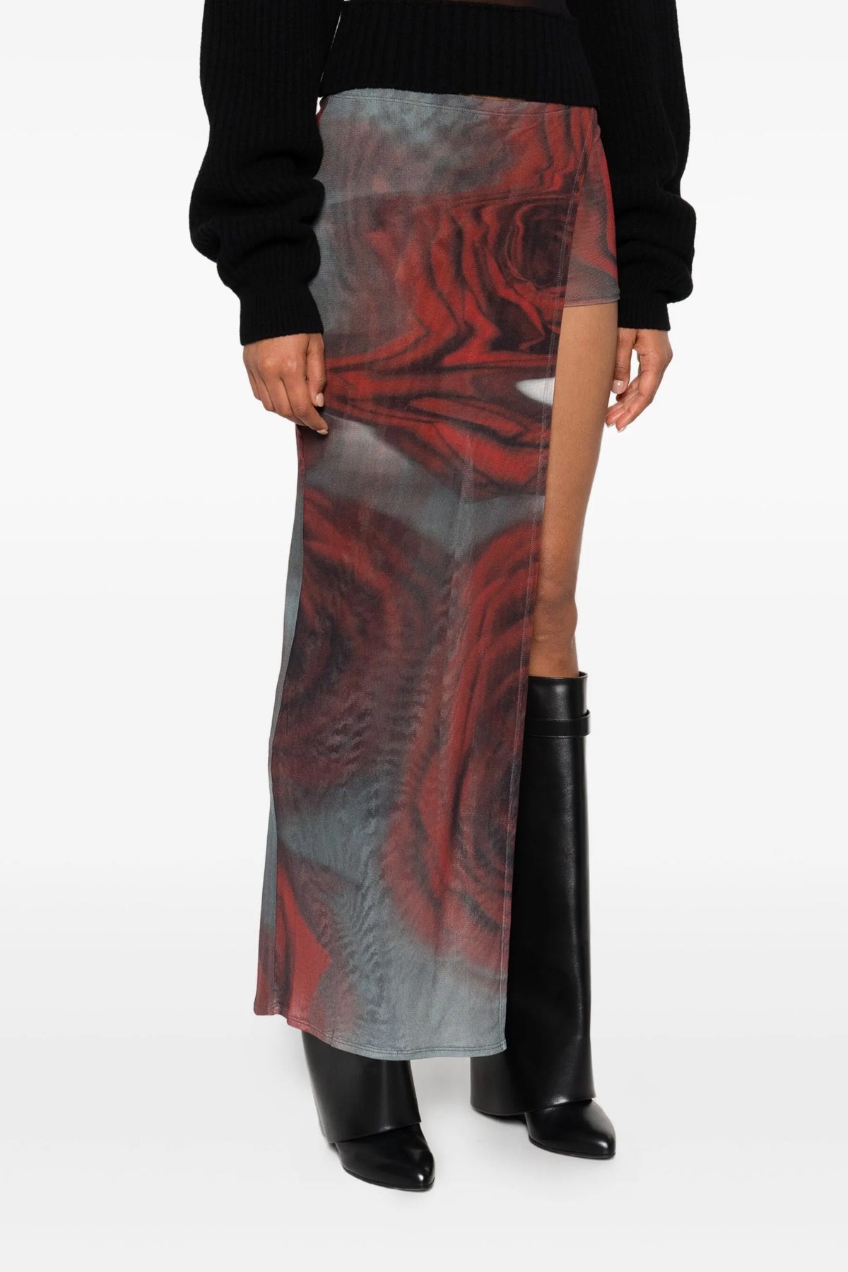 all-over the red blurry roses print semi-transparent stretch tulle skort