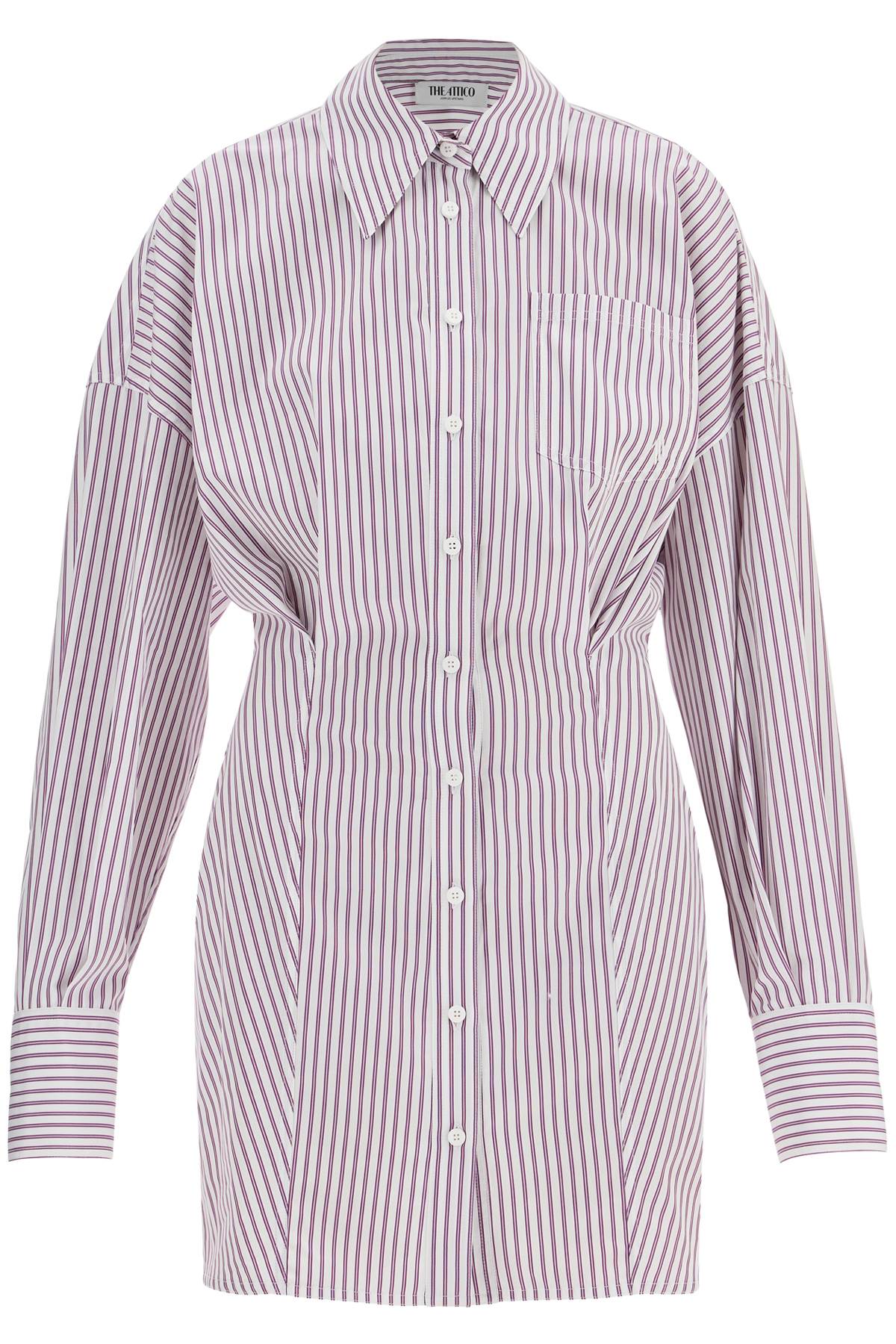 white and purple striped mini shirt dress