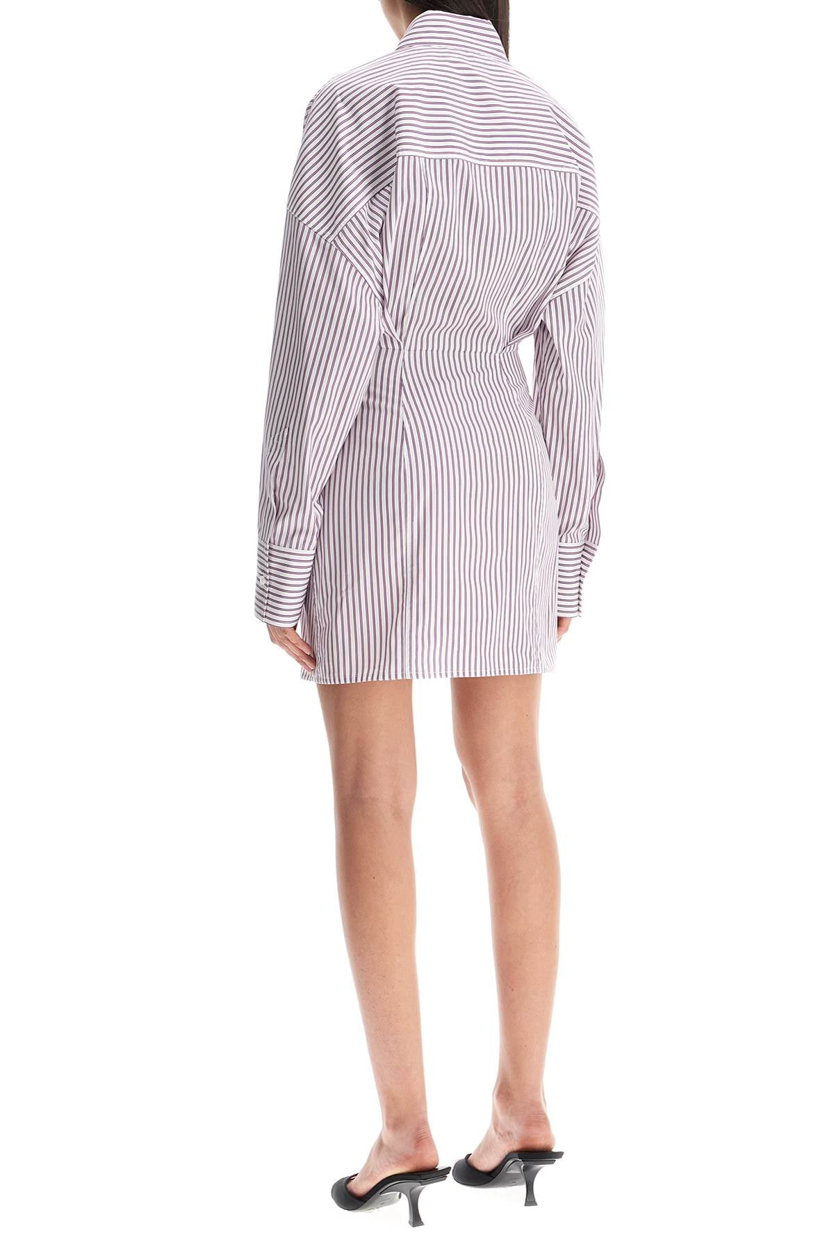 white and purple striped mini shirt dress