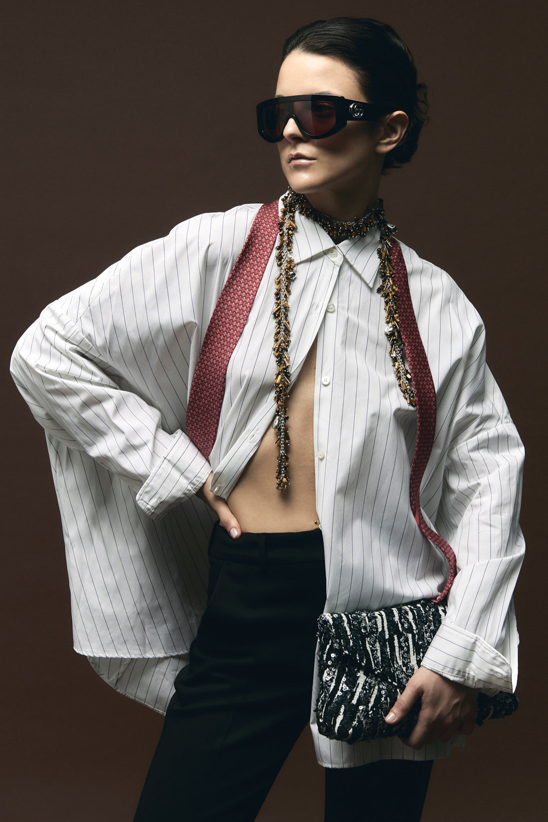 DRIES VAN NOTEN OS embroidered scarf handmade necklace in brass and resin