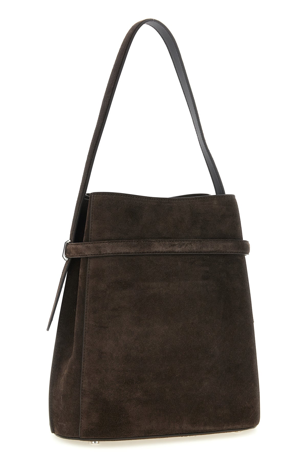 belted bucket suede shoulder bag