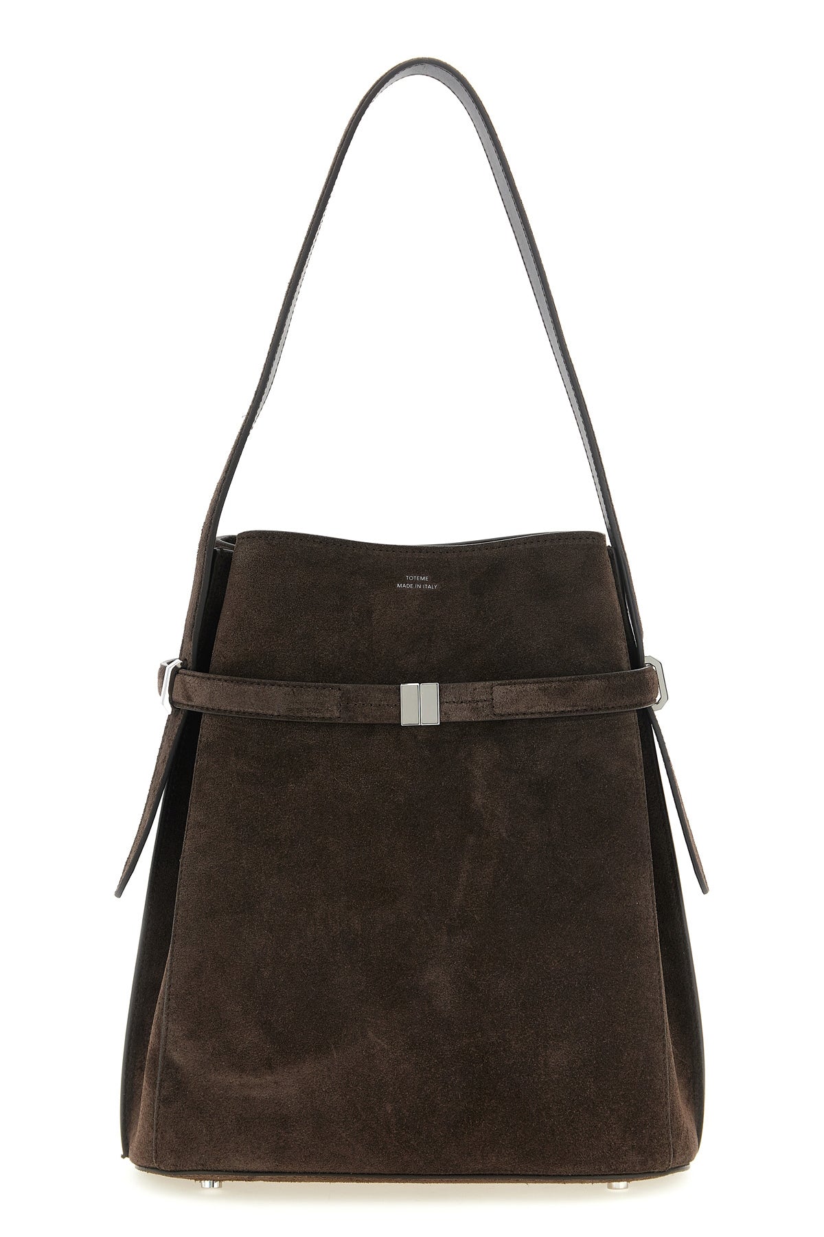 belted bucket suede shoulder bag