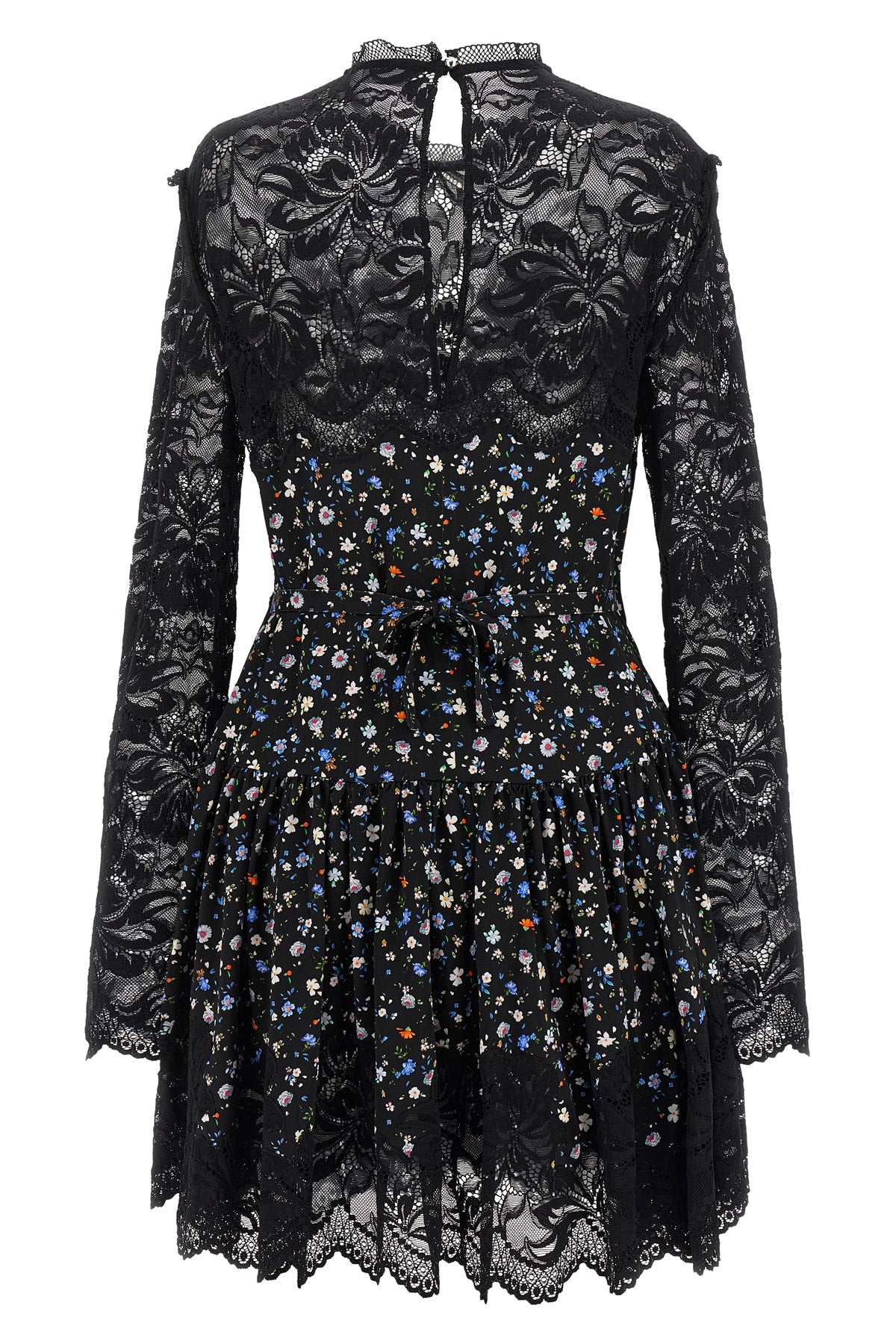 mini dress in floral print and semi-transparent lace fabric