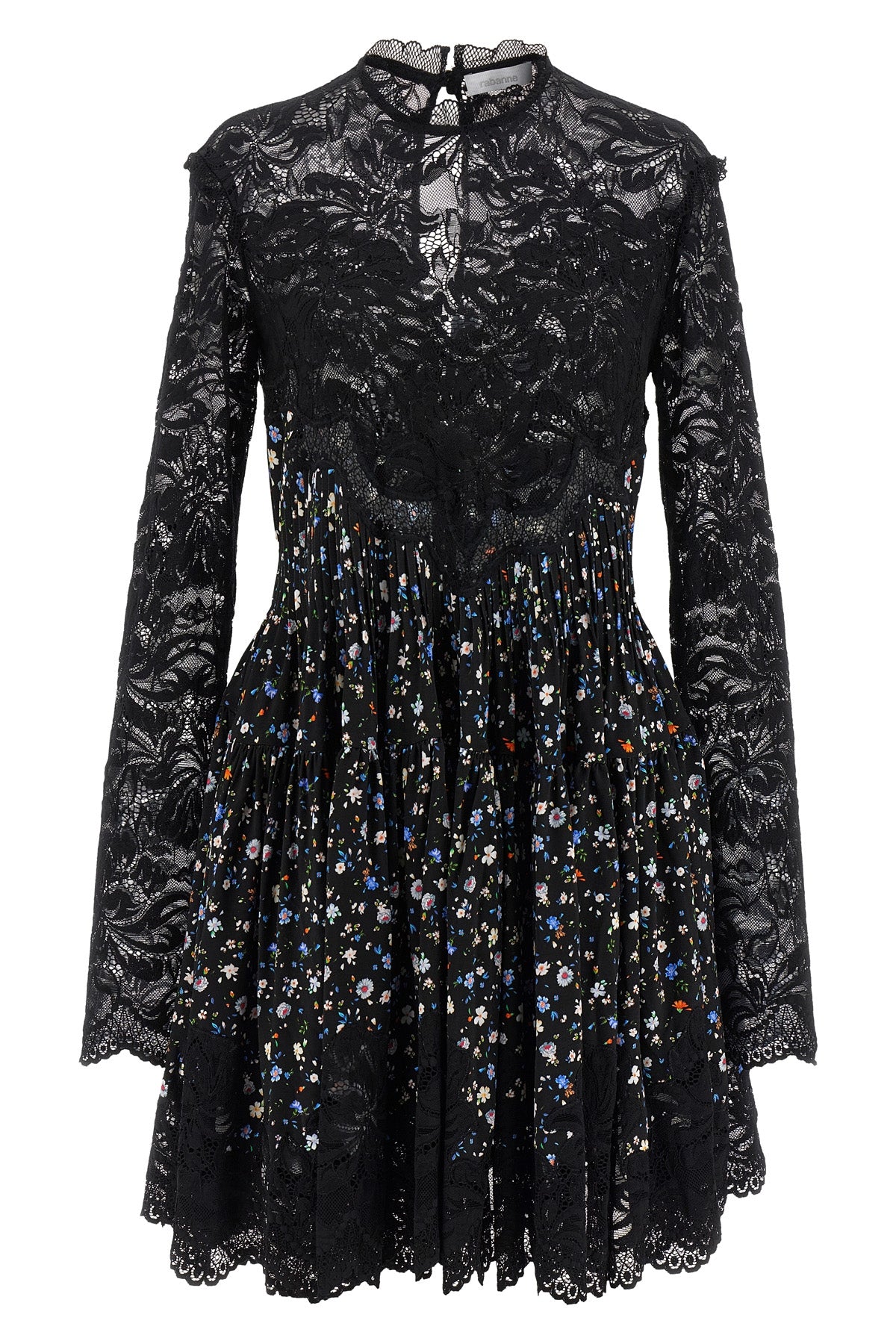 mini dress in floral print and semi-transparent lace fabric