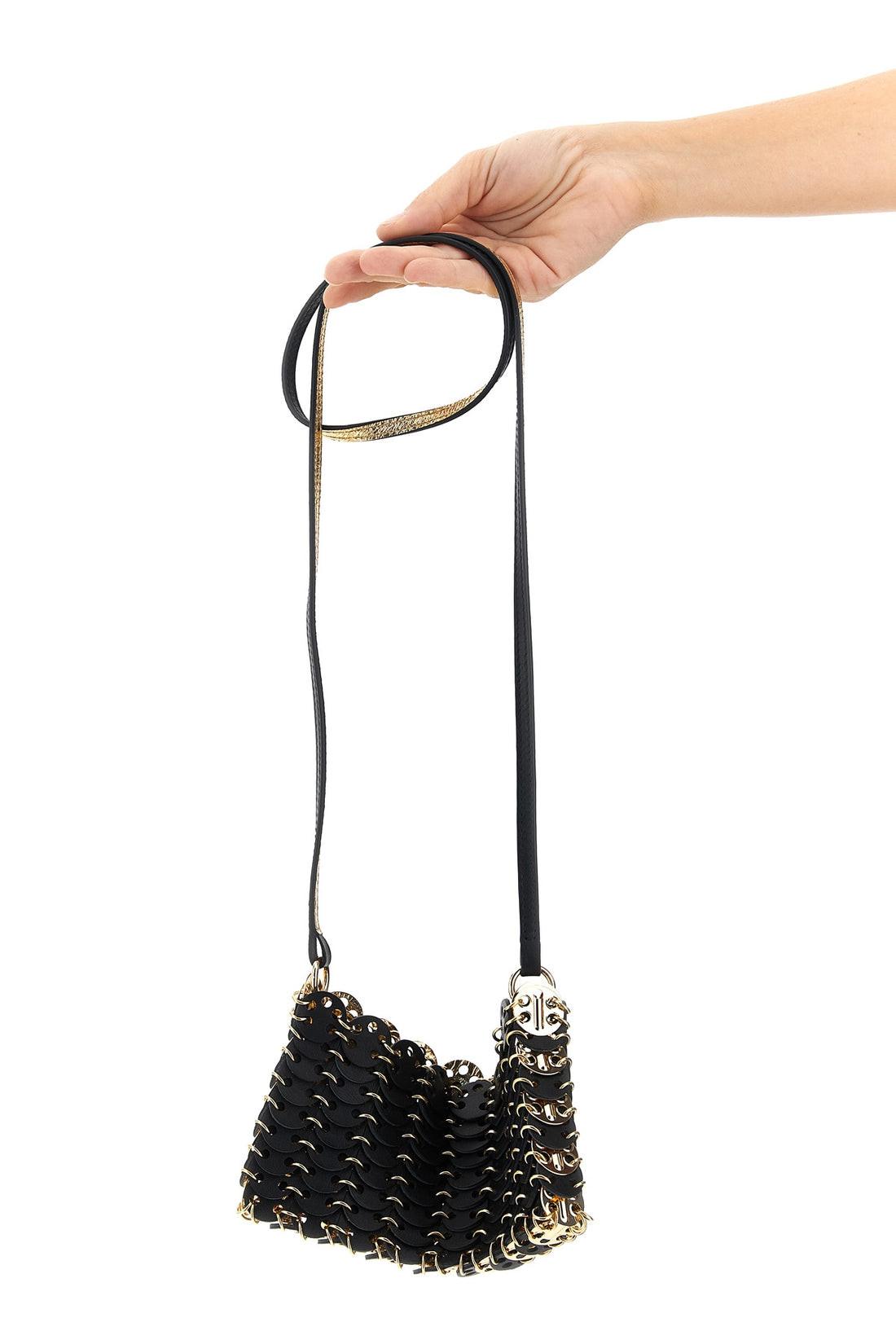 RABANNE OS 1969 nano flip reversible leather and metal shoulder strap