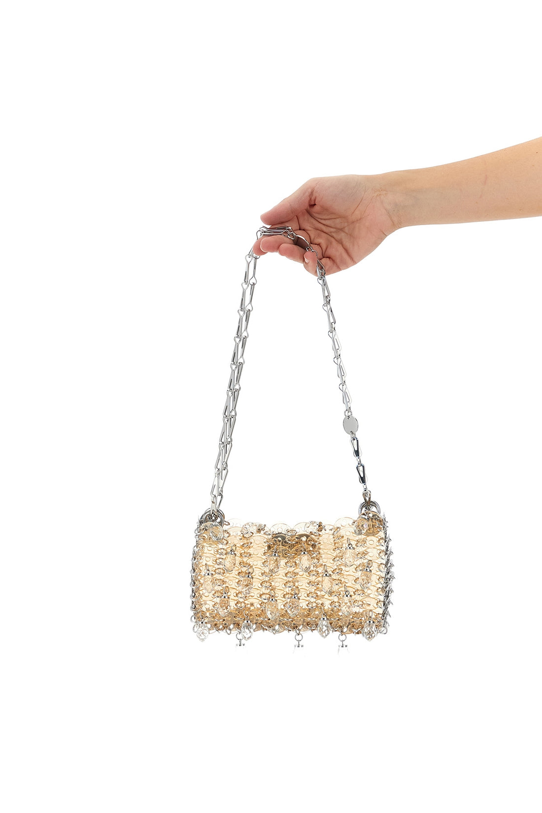 RABANNE OS 1969 nano crystal resin shoulder bag in metal mesh