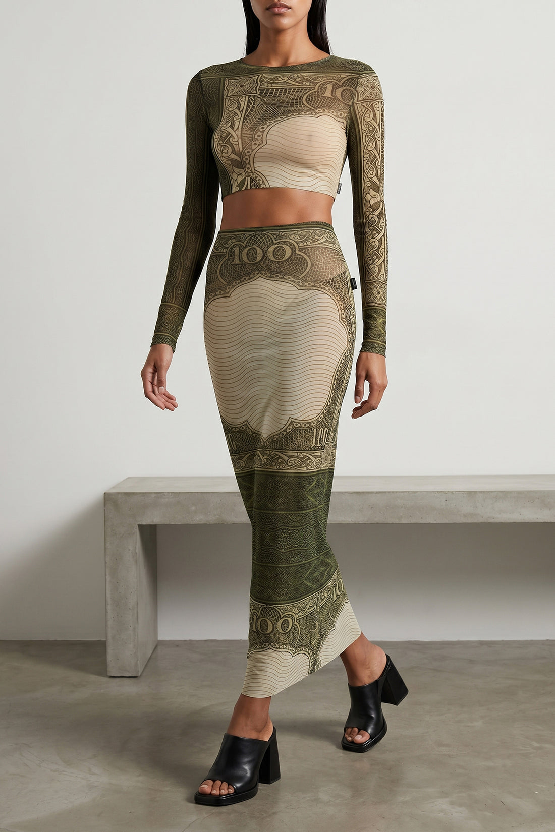 JEAN PAUL GAULTIER S re-edition - the green cartouche long skirt in semi-transparent stretch tulle