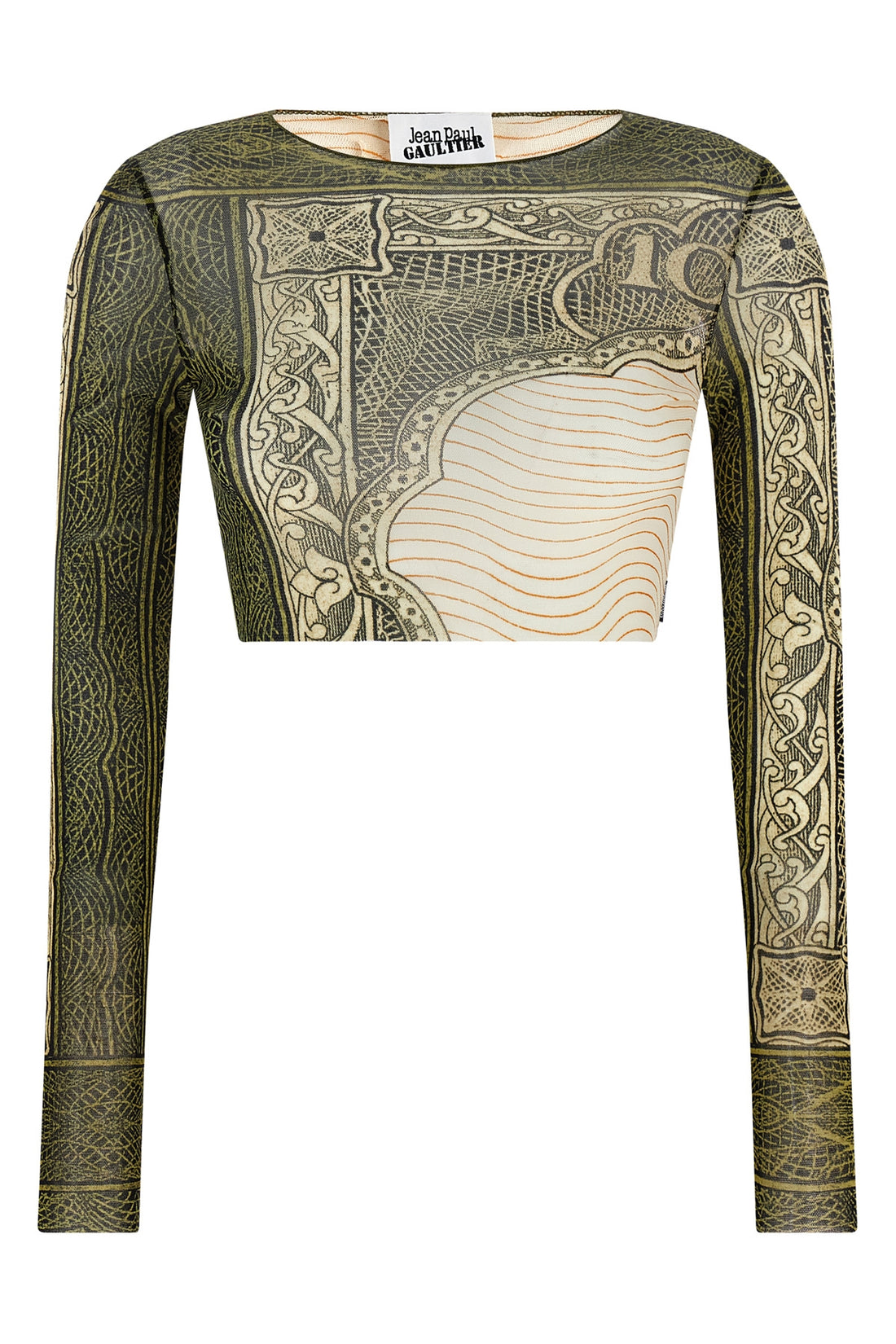 JEAN PAUL GAULTIER S re-edition - the green cartouche crop top in semi-transparent stretch tulle