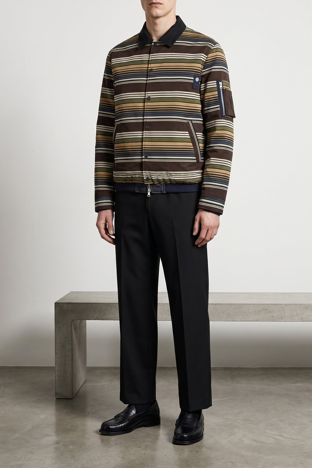 horizontal stripe patterned satin-effect fabric blouson