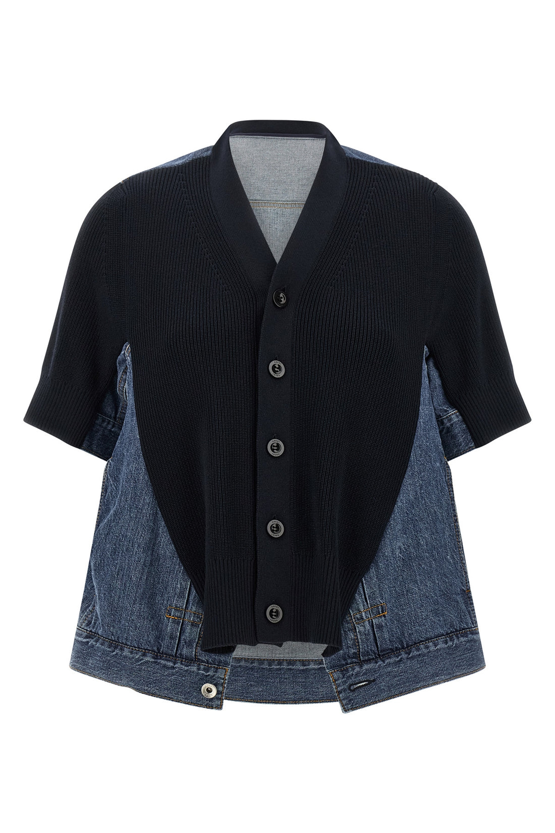 SACAI 1 denim x knit cotton denim cardigan