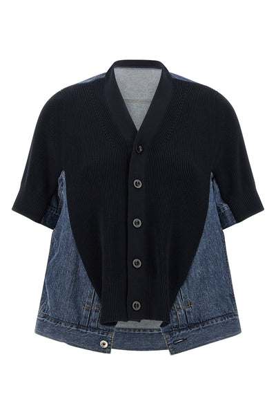 denim x knit cotton denim cardigan