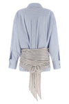 blue shirt-style bodysuit in striped poplin