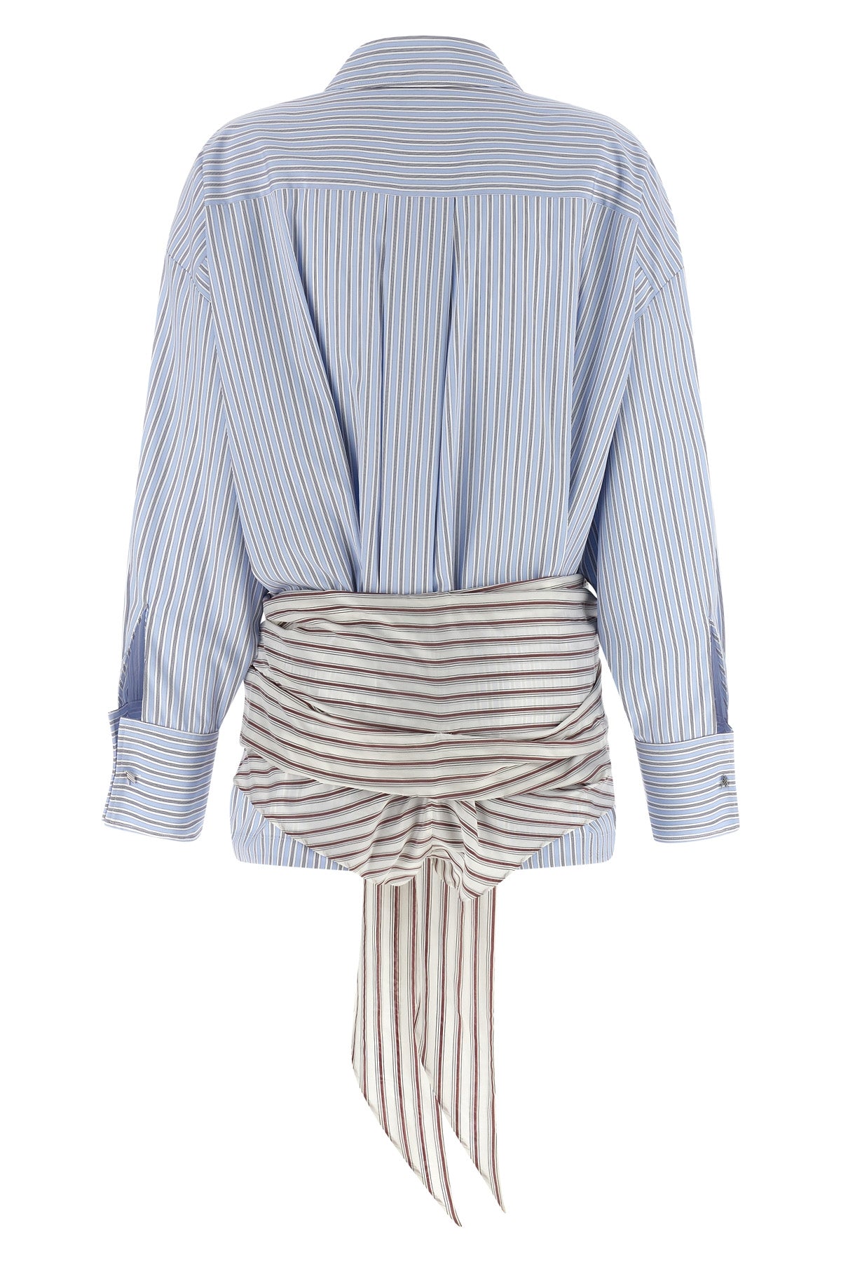 blue shirt-style bodysuit in striped poplin