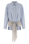 blue shirt-style bodysuit in striped poplin