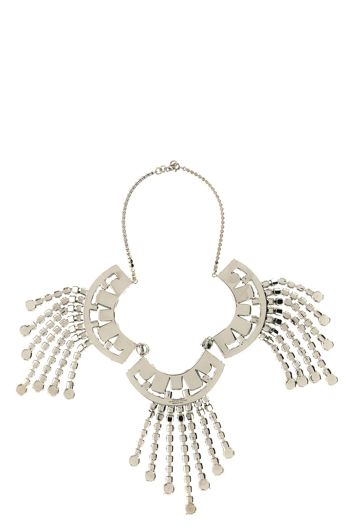 the dries van noten statement necklace is built on a silver metal structured bas