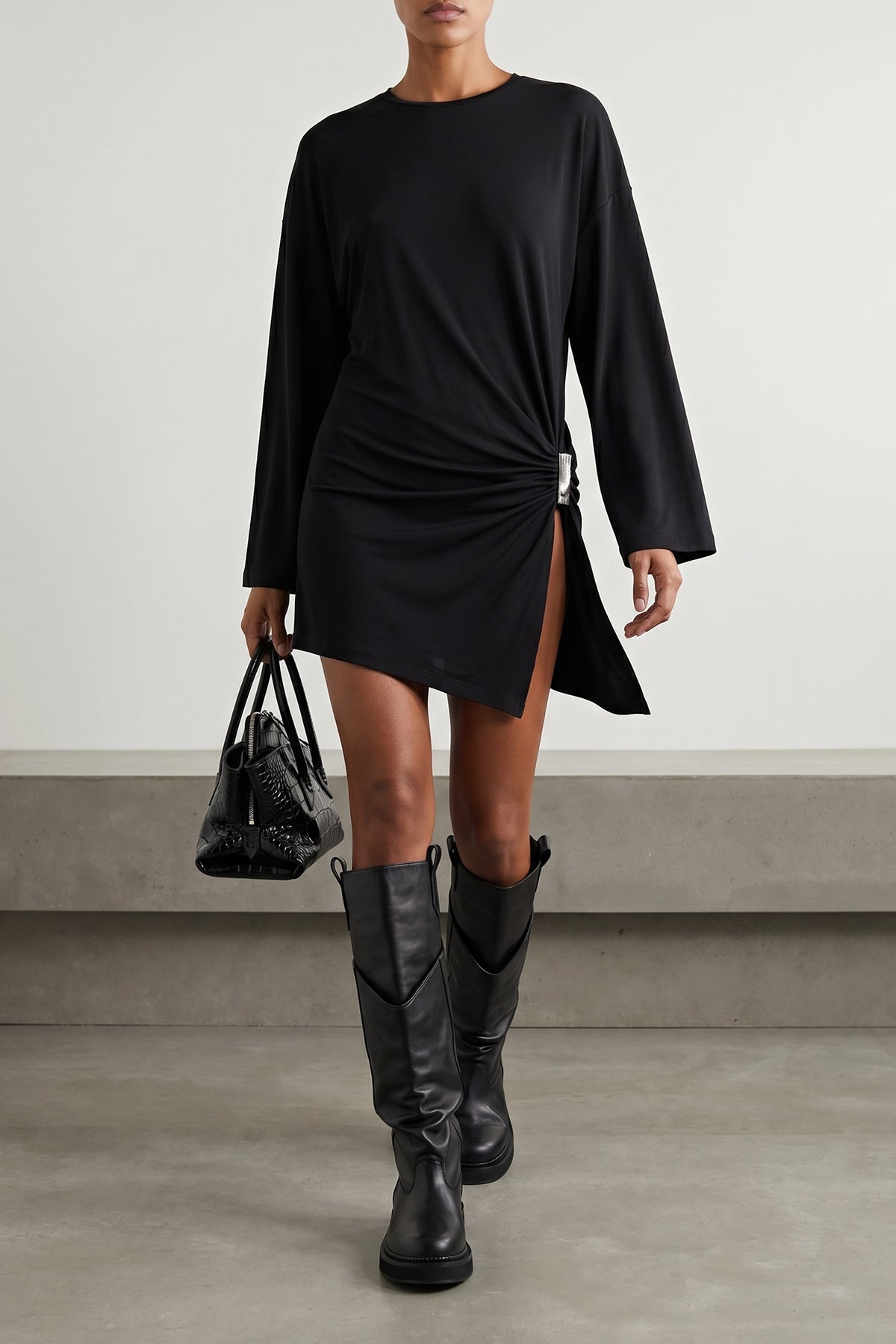 the attico black fluid viscose mini dress defines an asymmetrical silhouette