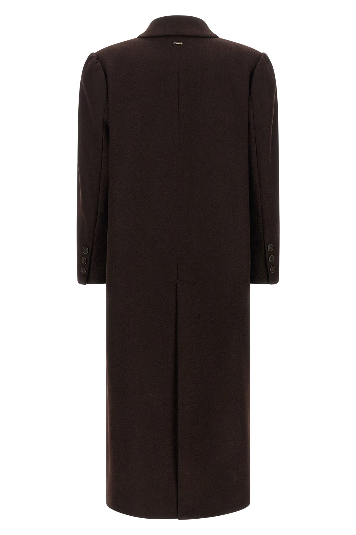 the double-breasted twinset wool blend coat is distinguished by a long and tailo