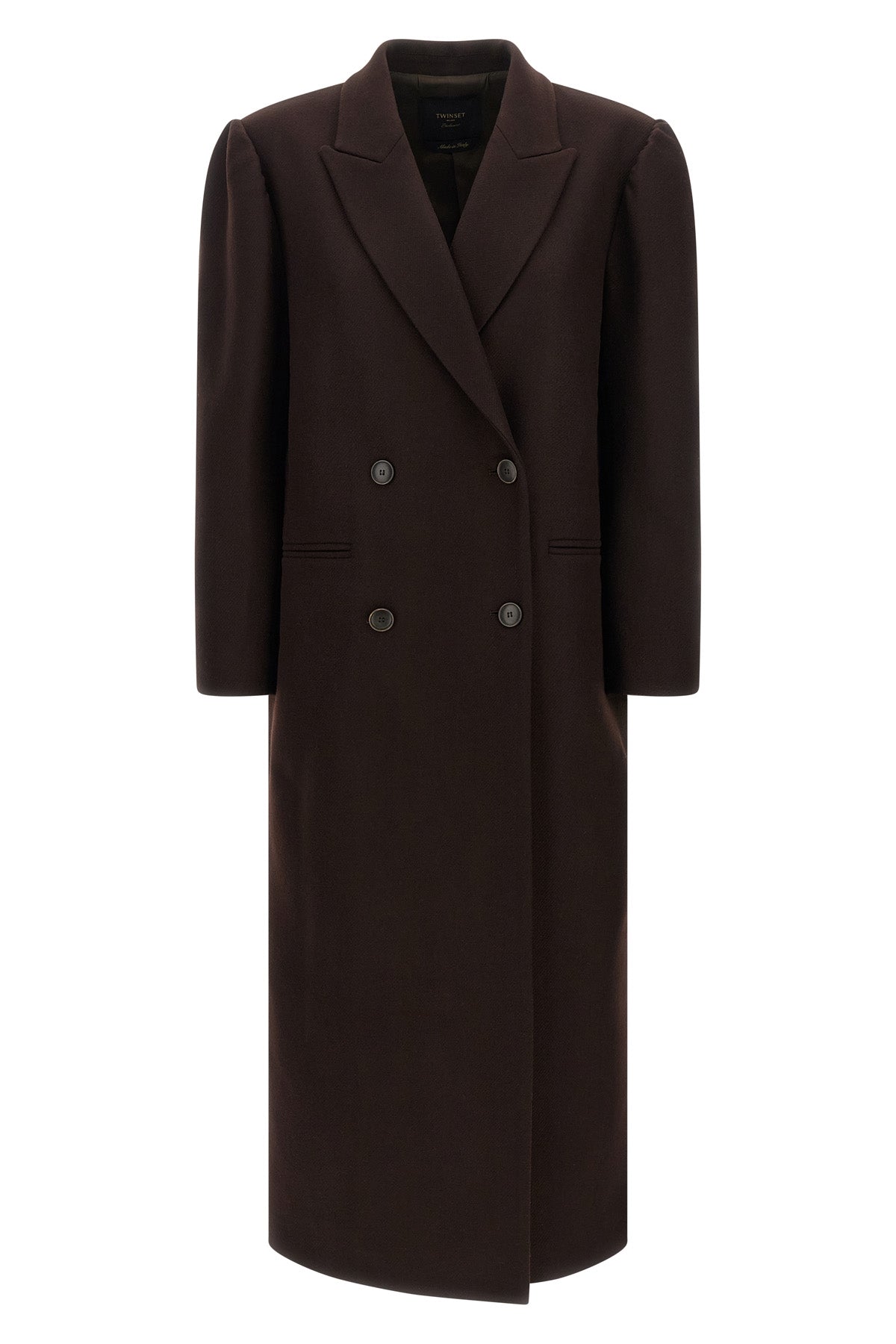 the double-breasted twinset wool blend coat is distinguished by a long and tailo