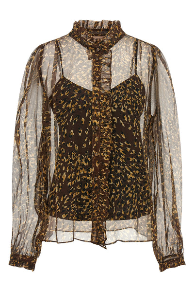 the twinset shirt is distinguished by a fluid silhouette made of semi-transparen