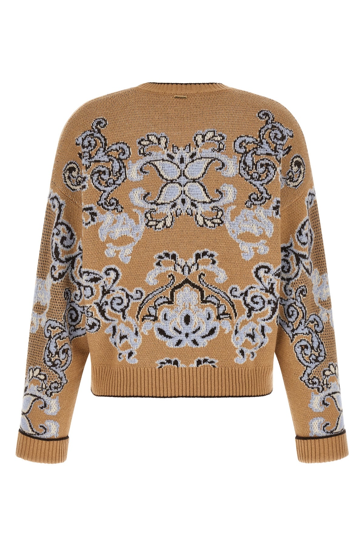 the twinset crew neck sweater is distinguished by a complex jacquard workmanship