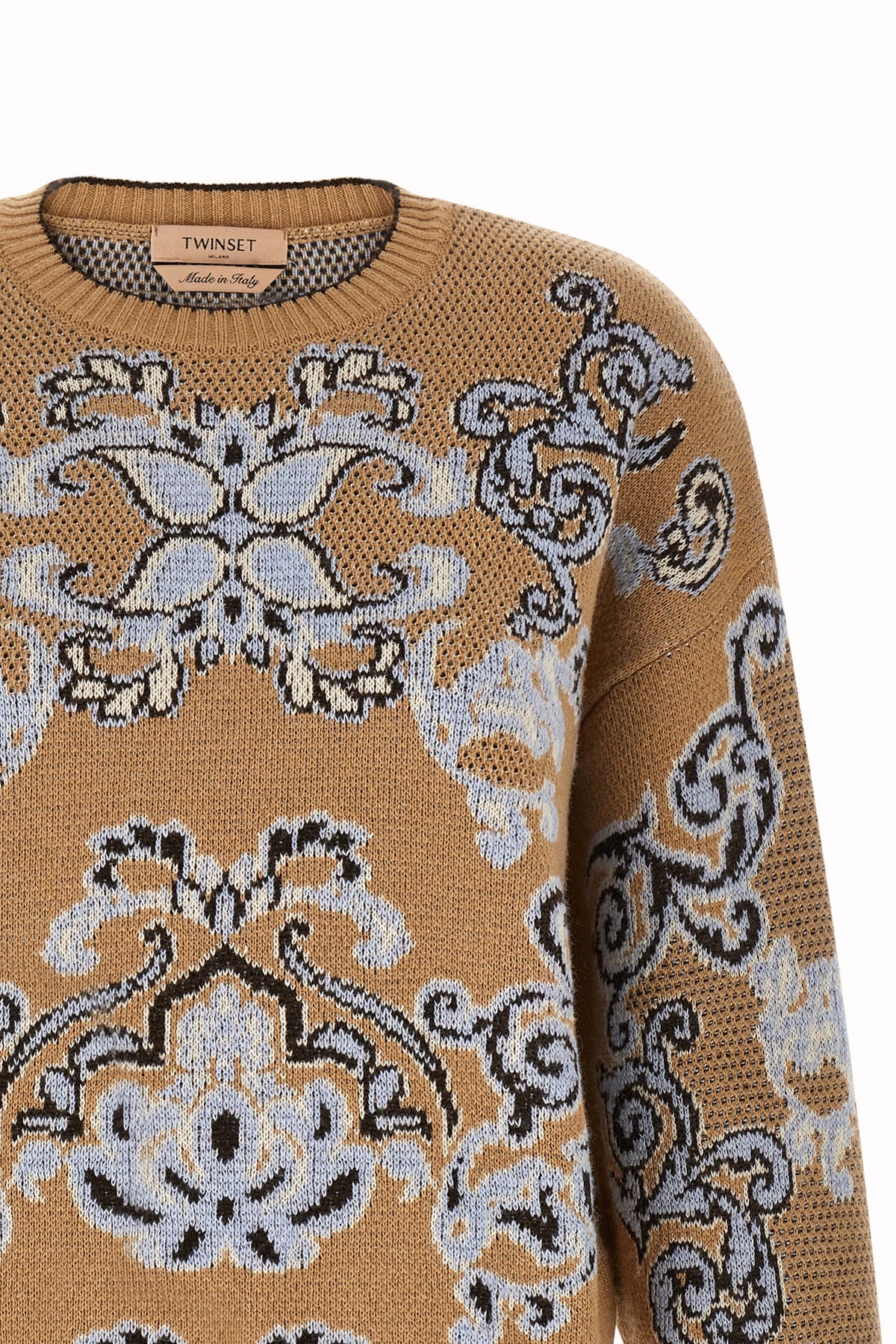 the twinset crew neck sweater is distinguished by a complex jacquard workmanship
