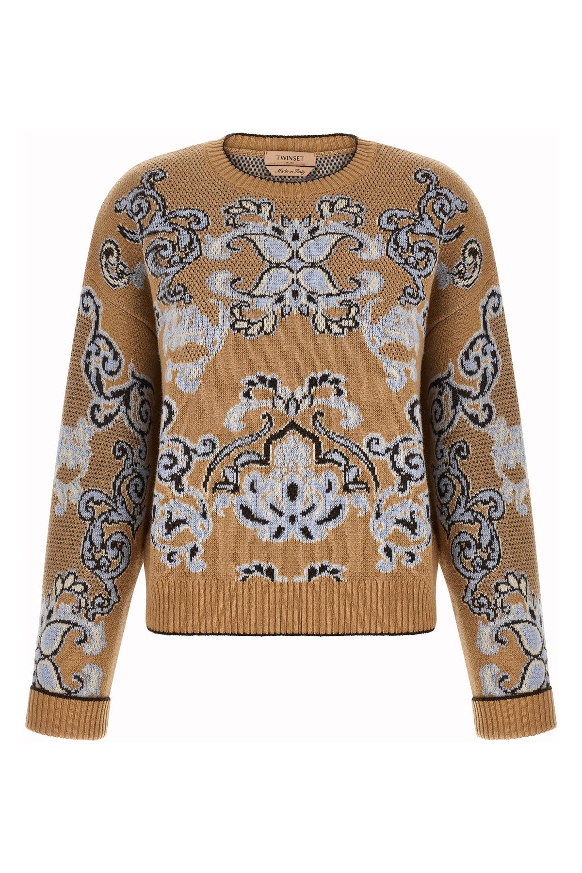 the twinset crew neck sweater is distinguished by a complex jacquard workmanship
