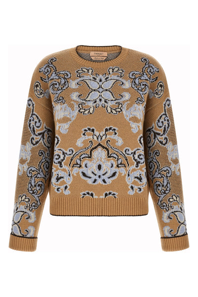 the twinset crew neck sweater is distinguished by a complex jacquard workmanship