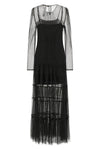 the long twinset dress is distinguished by a layered construction that combines