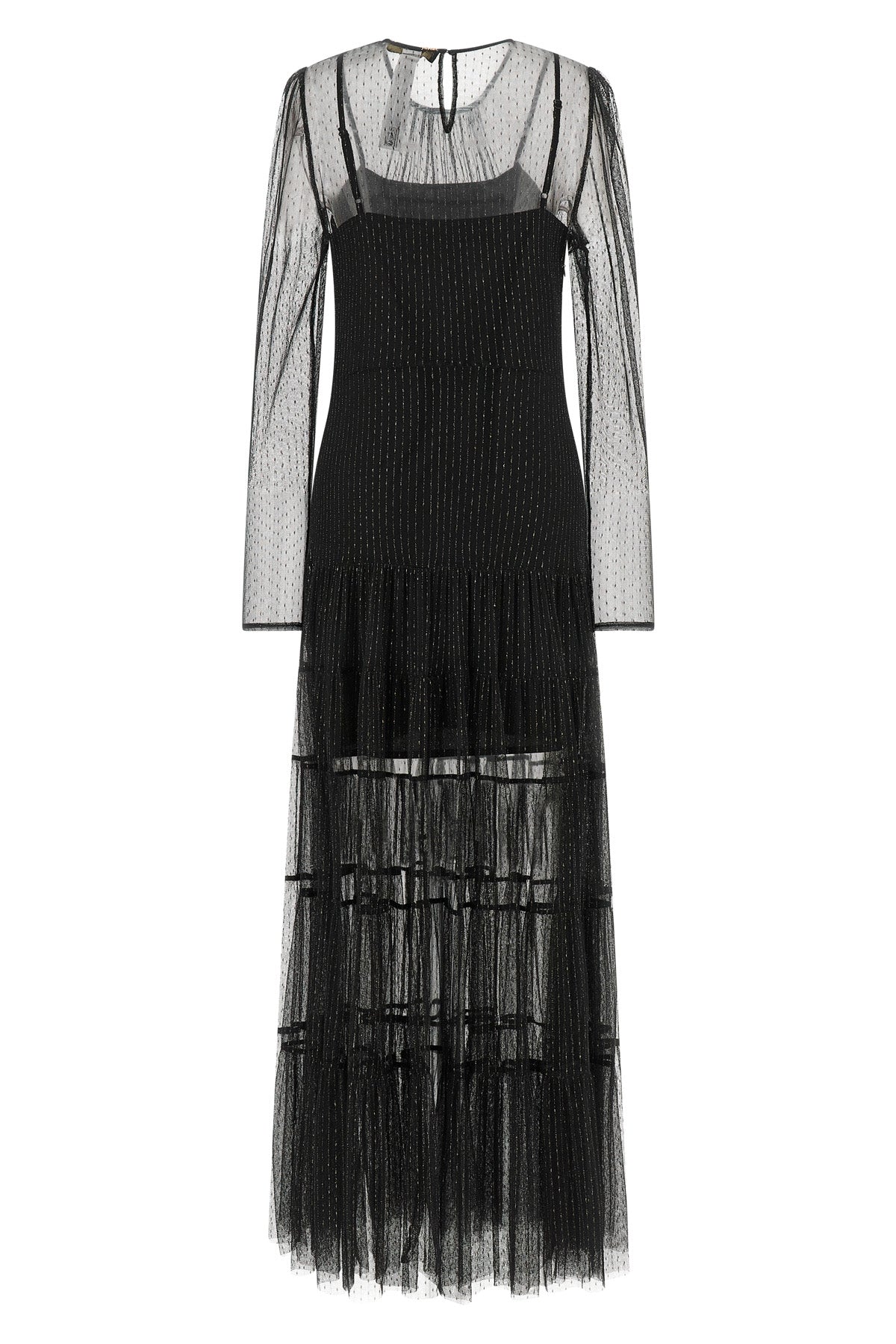 the long twinset dress is distinguished by a layered construction that combines