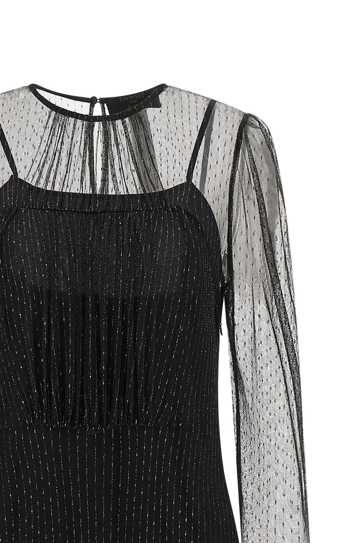 the long twinset dress is distinguished by a layered construction that combines
