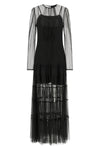 the long twinset dress is distinguished by a layered construction that combines