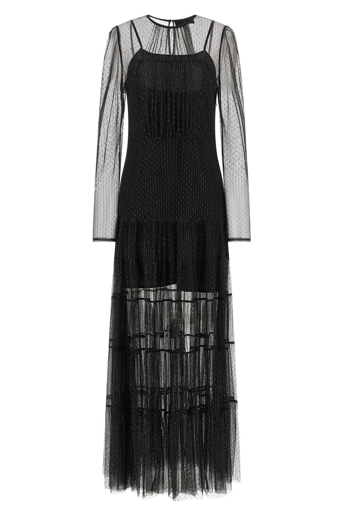 the long twinset dress is distinguished by a layered construction that combines