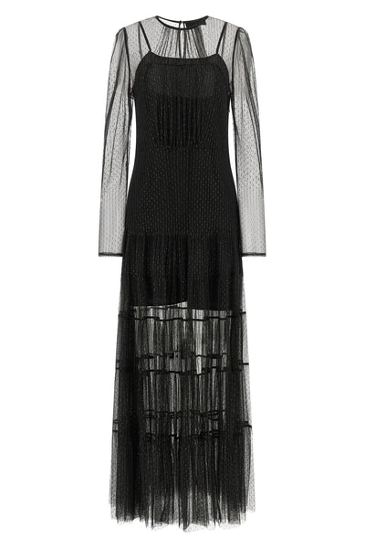 the long twinset dress is distinguished by a layered construction that combines