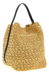 belted shoulder bag in woven raffia and smooth leather