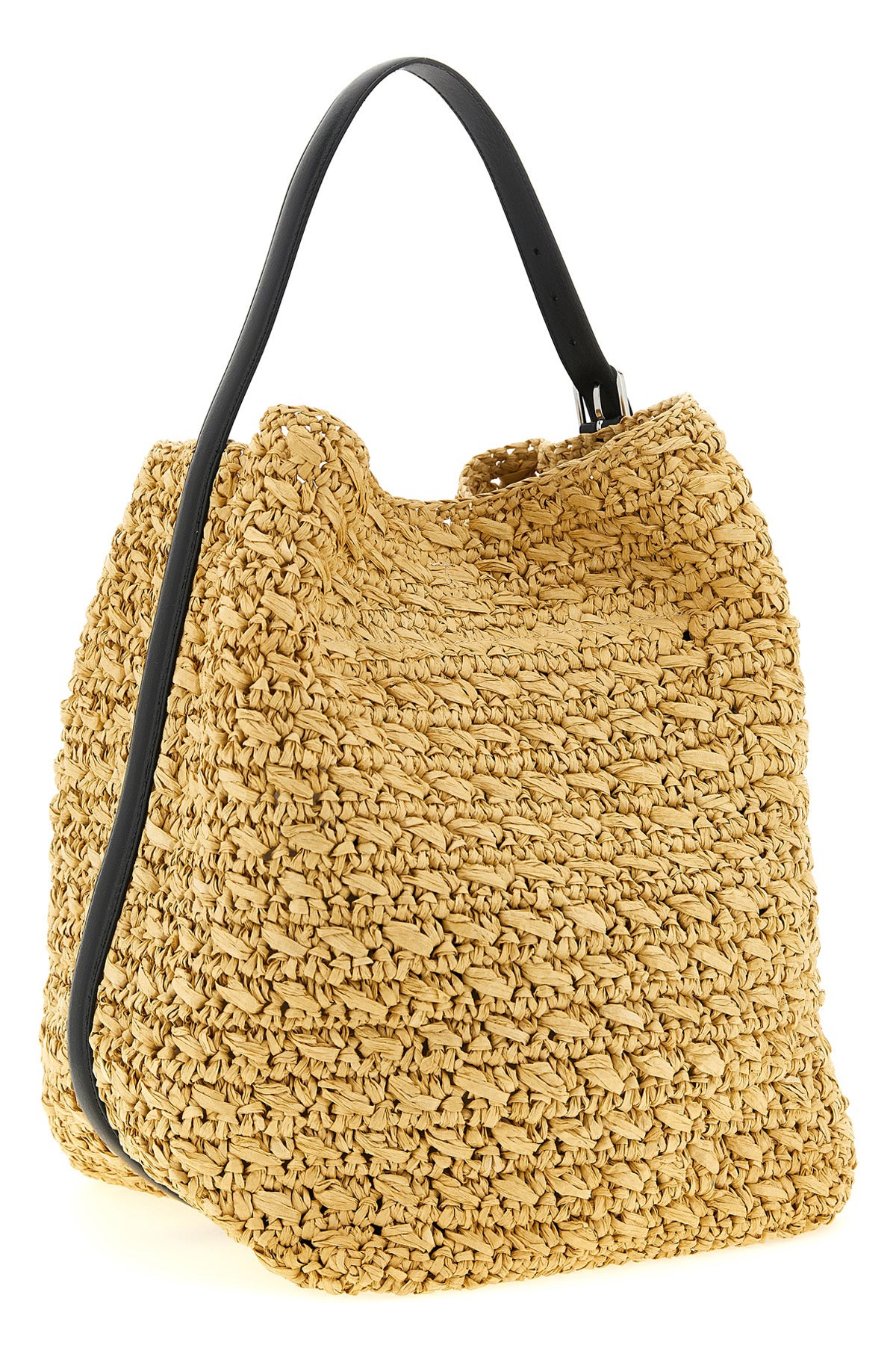 belted shoulder bag in woven raffia and smooth leather