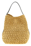 belted shoulder bag in woven raffia and smooth leather