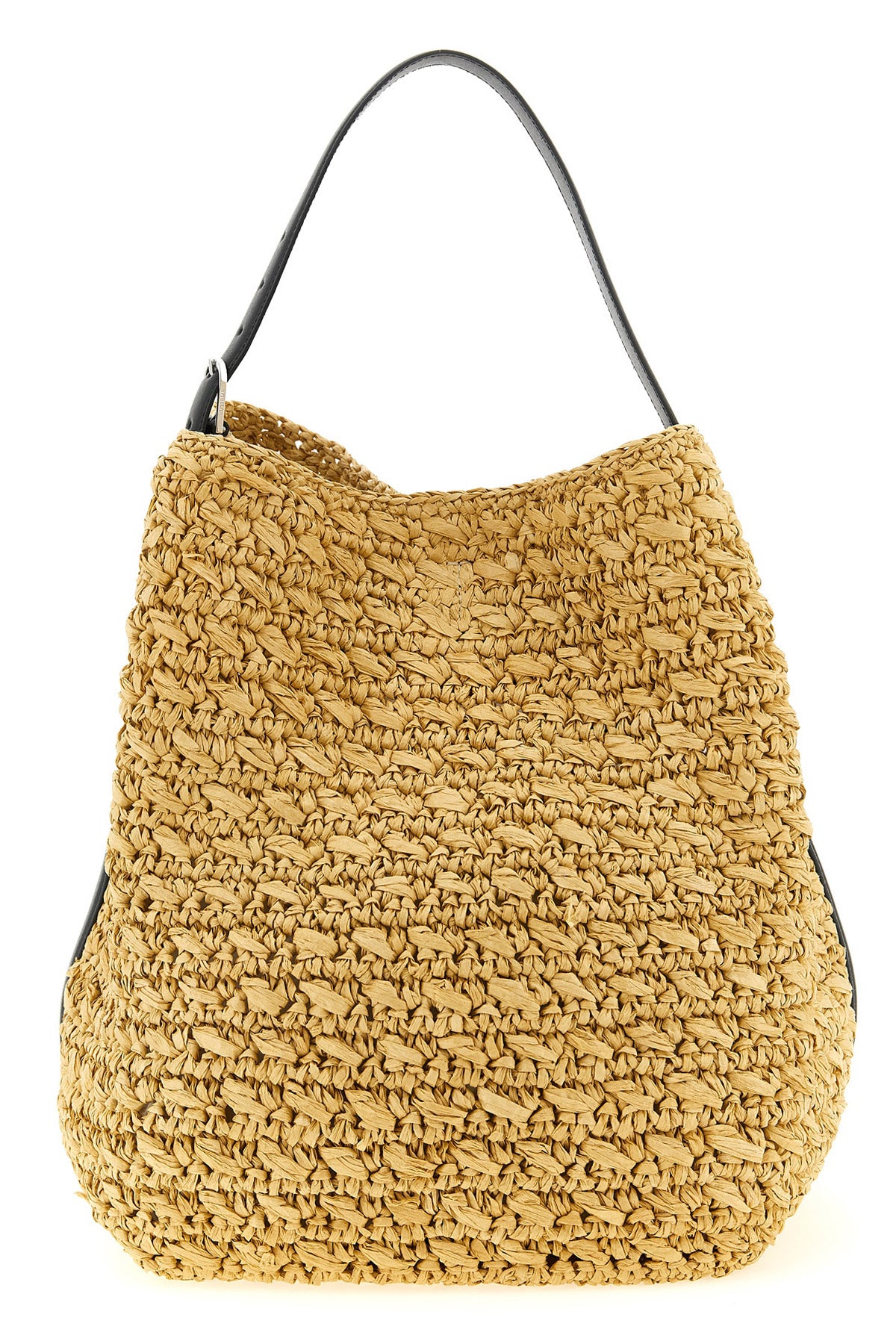 belted shoulder bag in woven raffia and smooth leather