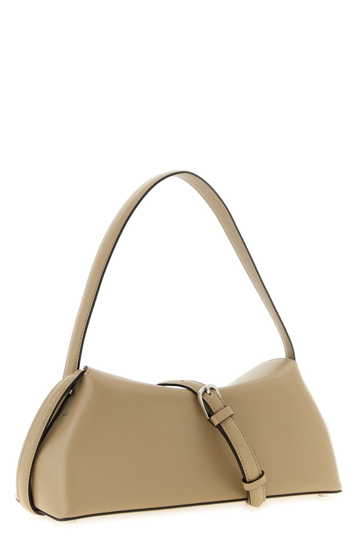 the toteme t-lock leather shoulder bag features an elongated and softly structur