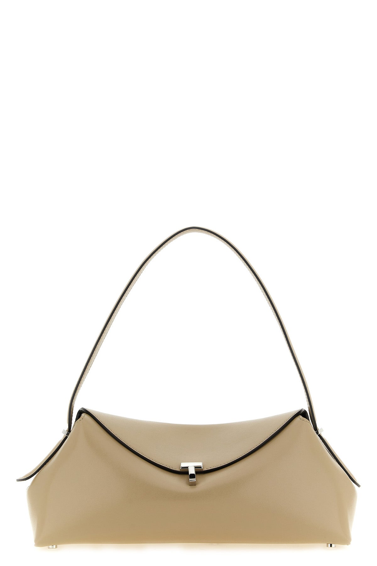 the toteme t-lock leather shoulder bag features an elongated and softly structur