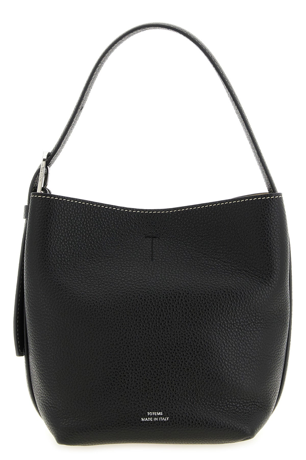 the toteme small belted tote handbag in black hammered leather stands out for it