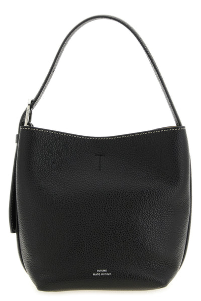 the toteme small belted tote handbag in black hammered leather stands out for it